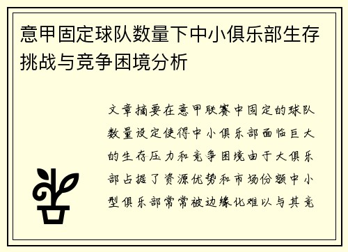 意甲固定球队数量下中小俱乐部生存挑战与竞争困境分析