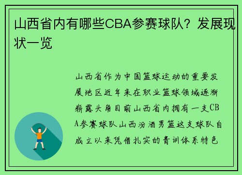 山西省内有哪些CBA参赛球队？发展现状一览